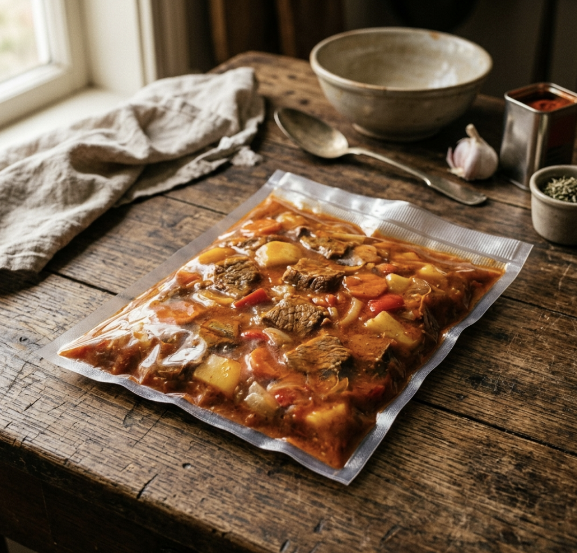 Sous-vide vakuumirana vrečka z bogračem na leseni mizi